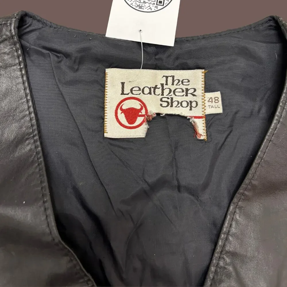 Sears The Leather Shop Leather Vest | Black Button Front | Size 48T | Vintage